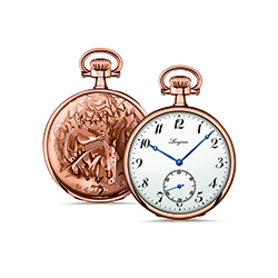 Циферблат белого цвета с крупными чёрными нарисованными арабскими цифрами и чёрной нарисованной минутной шкалой. На циферблате находятся центральные стрелки часов и минут из воронёной стали в стиле «Breguet».